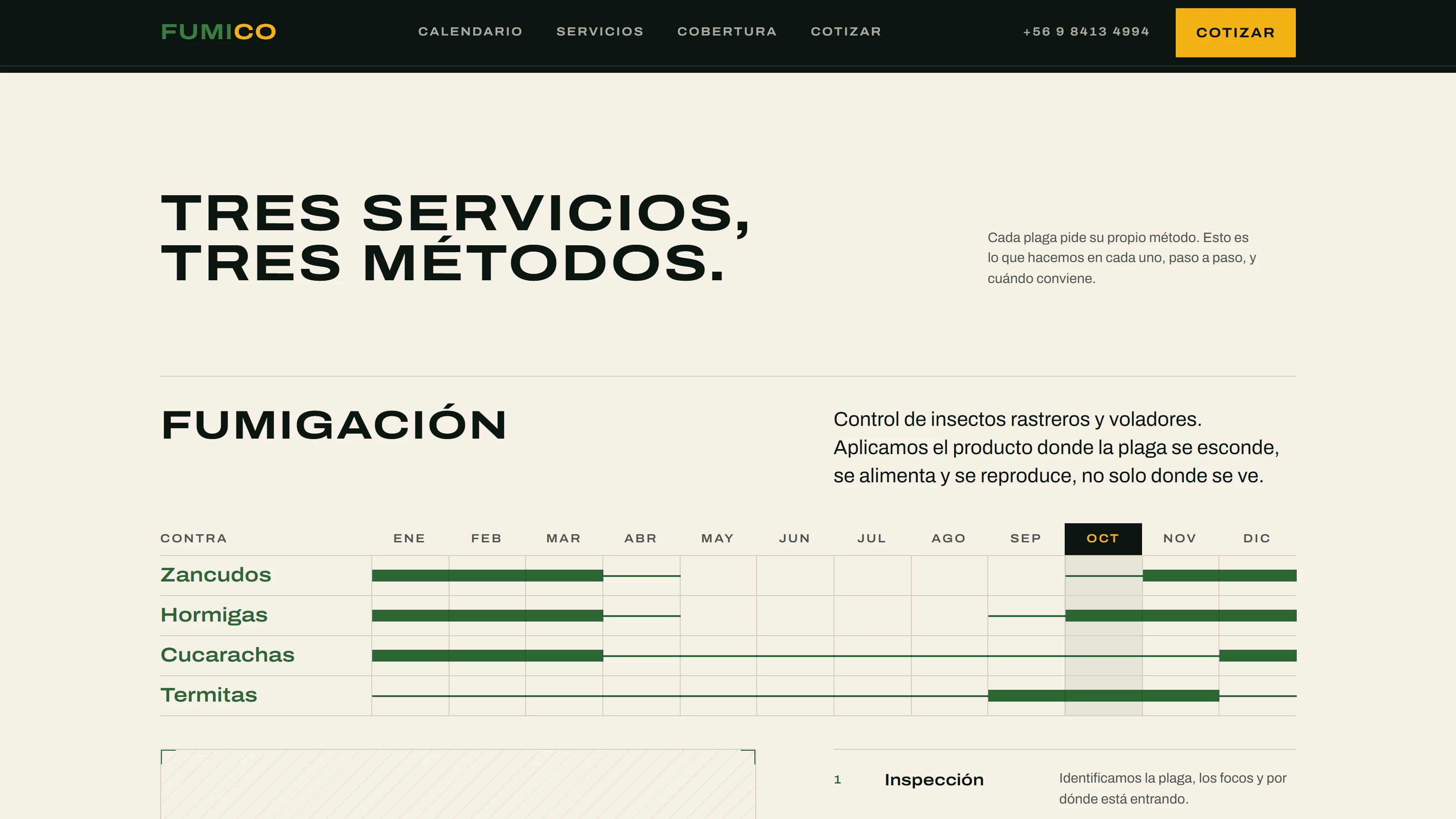 Sitio de Fumico: la sección de servicios con su propio calendario de plagas.